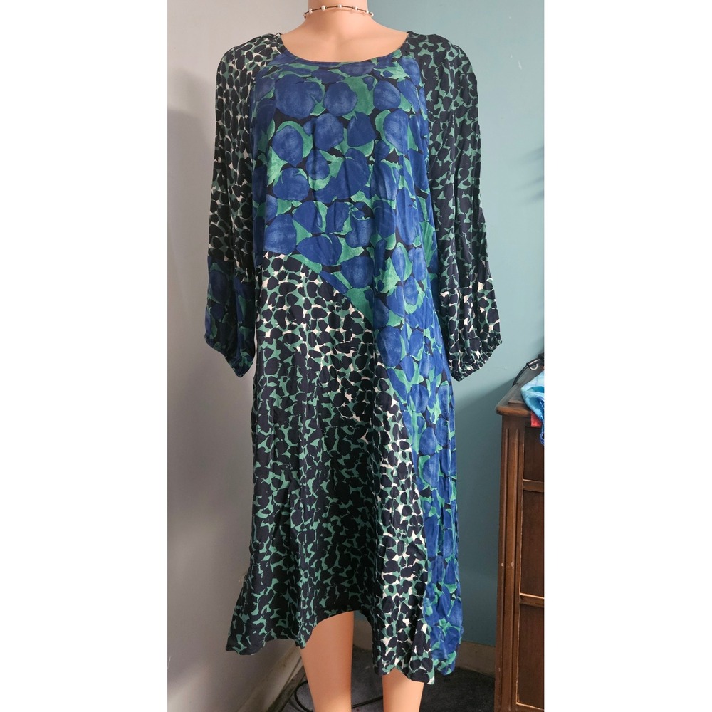 Chico's Abstract Print Swing Dress Women 18 Blue Green Silk Blend Pockets Boho